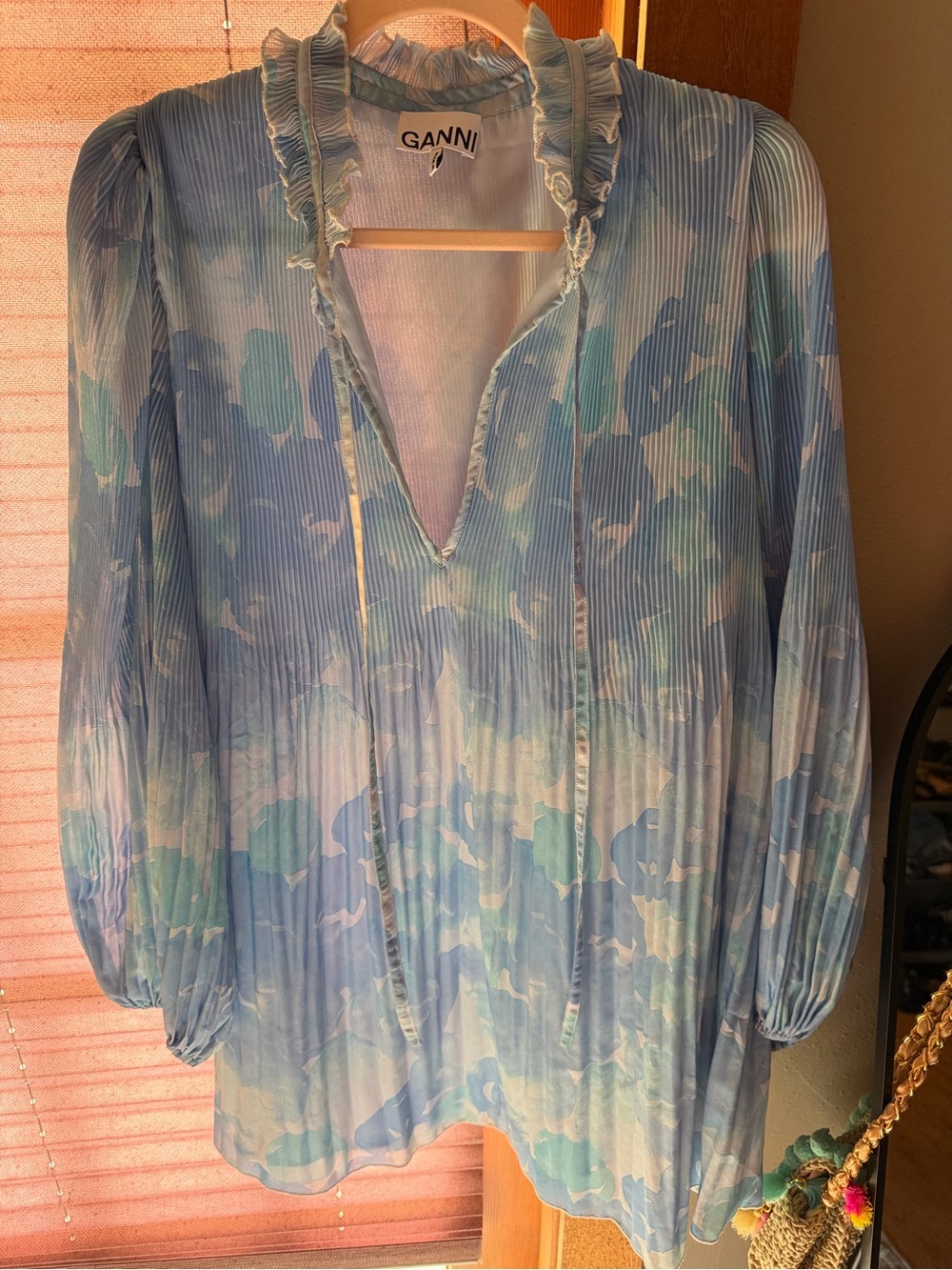 Ganni Blue and Aqua Watercolor Pleated Ruffle Neck Tunic